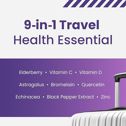 Travel Essential, Immune and Stress Support Gummy, Elderberry, Vitamin C, D, Zinc, Echinacea, Astragalus, Quercetin, Bromelain, Travel Immunity, Flight Essentials, 60ct