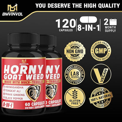 BMVINVOL Horny Goat Weed Capsules with Tribulus, Ginseng, Ashwagandha, Maca, Tongkat Ali - (2 Packs) 120 Capsules