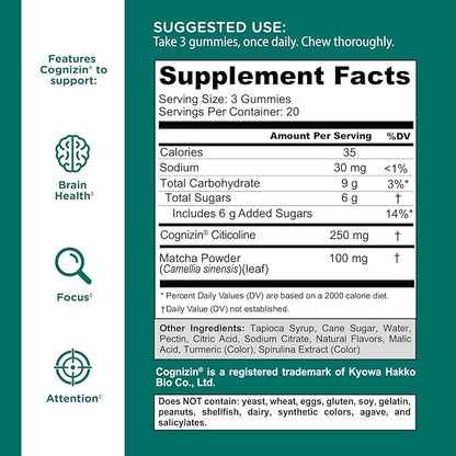 Goli Matcha Mind Gummies - 300 Count - Green Tea Leaves Powder with Cognizin for Focus, Attention and Brain Health, Vegan, Non-GMO, Gluten-Free & Gelatin Free.