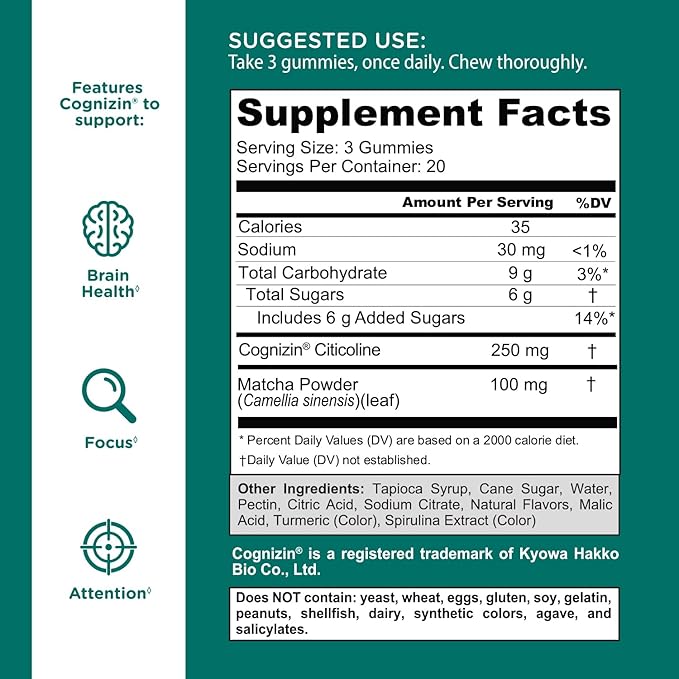 Goli Matcha Mind Gummies - 60 Count - Green Tea Leaves Powder with Cognizin for Focus, Attention and Brain Health, Vegan, Non-GMO, Gluten-Free & Gelatin Free.