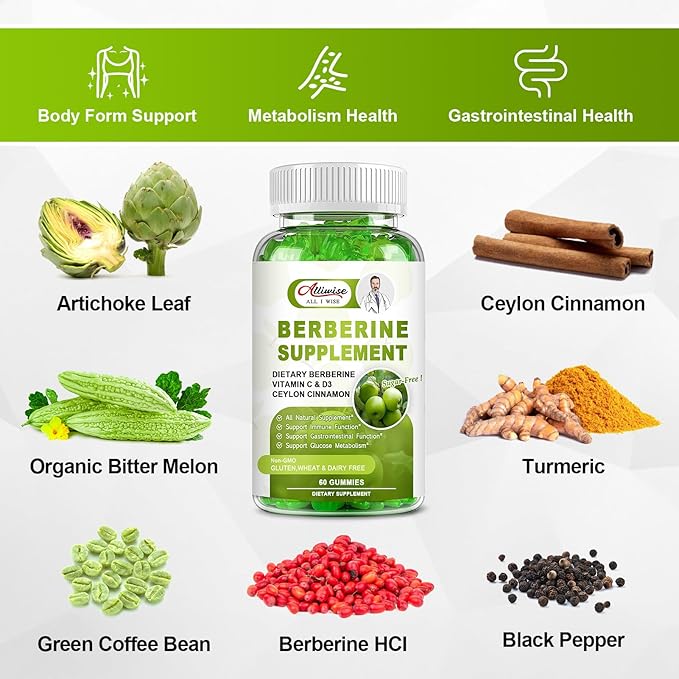 Sugar-Free Berberine Supplement Gummies, Original Berberine HCL 1500mg with Ceylon Cinnamon, Quercetin, Multivitamin, Support Immune & Gastrointestinal Function & Metabolism for Women & Men