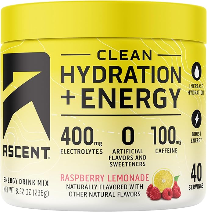 Ascent Clean Hydration + Energy Electrolytes Powder - 100mg Caffeine, 400mg Electrolytes, No Artificial Ingredients, Raspberry Lemonade 40 Servings