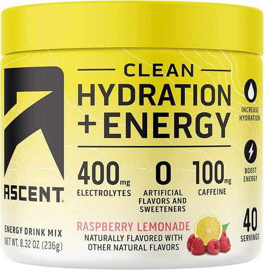 Ascent Clean Hydration + Energy Electrolytes Powder - 100mg Caffeine, 400mg Electrolytes, No Artificial Ingredients, Raspberry Lemonade 40 Servings