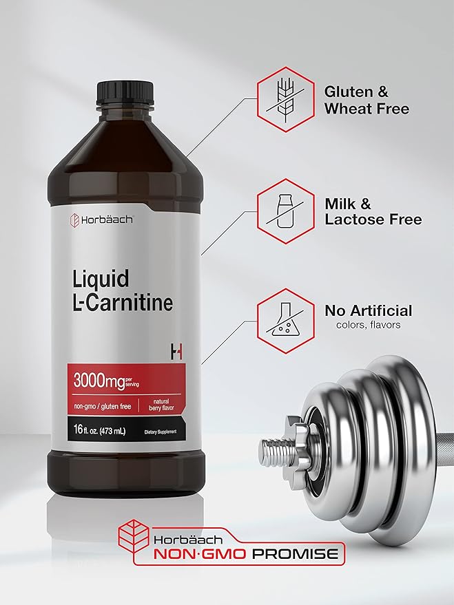 Horbäach L-Carnitine Liquid 16 oz | 3000 mg | Berry Flavor | Vegetarian Formula | Non-GMO, Gluten Free Supplement