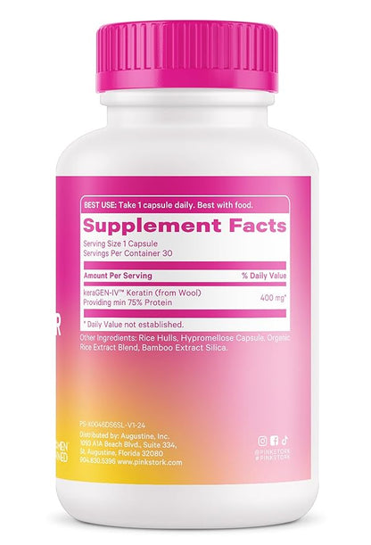 Pink Stork Keratin Hair Loss Supplement for Women - Clinically Studied KeraGEN-IV for Hair Care, Thinning, Shedding and Beauty - Hair Skin and Nails Support - Postpartum Hair Growth - 30 Capsules