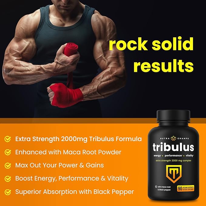 Tribulus Terrestris for Men | 2000mg Supplement Booster for Energy, Vitality, Stamina & Performance | Extra Strength Saponins | Maca & Black Pepper Extract for Enhanced Absorption | 90 Vegan Capsules