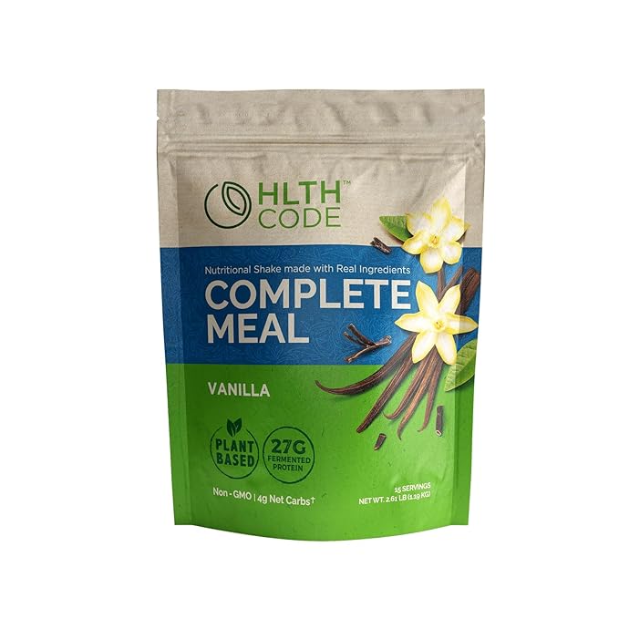 HLTH Code Complete Meal Replacement Shake - Healthiest Meal Replacement = Healthiest You | Keto Friendly | High Protein | Low Carb | Collagen | Gluten Free | Plant Based Vanilla (15 servings)