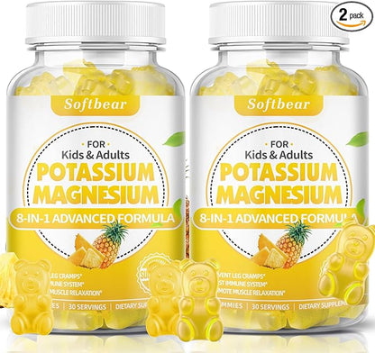 softbear Potassium Gummies for Adults, Sugar-Free Potassium Magnesium Supplement with Vitamin B6 CoQ10 for Muscle Cramps Vegan Pineapple Flavor 120 Gummies