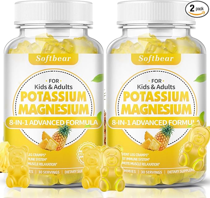 softbear Potassium Gummies for Adults, Sugar-Free Potassium Magnesium Supplement with Vitamin B6 CoQ10 for Muscle Cramps Vegan Pineapple Flavor 120 Gummies