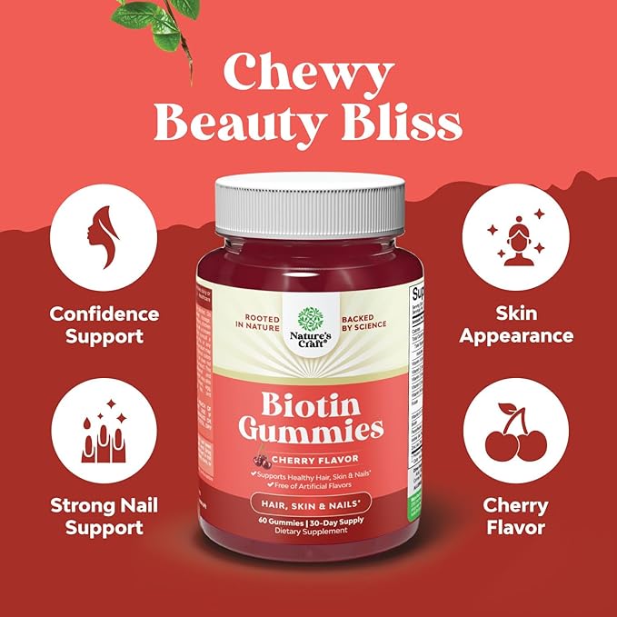 Natural Biotin Gummies for Hair Growth - Biotin Vitamins Hair Skin and Nails Gummies for Women and Men - Biotin Hair Growth Vitamins for Women with Pantothenic Acid and Biotin Hair Gummies