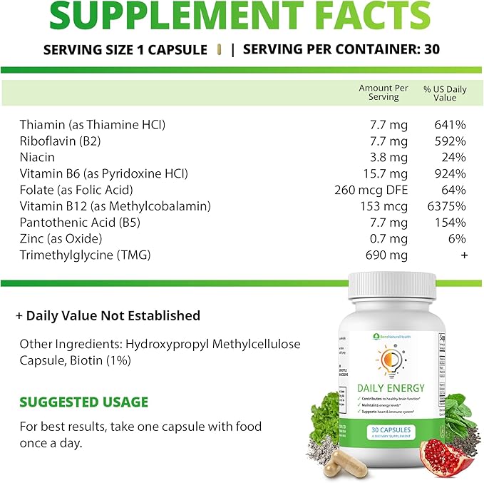 Vitamin B Complex Energy Supplements - Daily TMG Supplements with B Complex Multivitamin for Energy - Memory Booster and Mood Support Herbal Vitamins - B Complex Vitamins for Women (3 Month Supply)