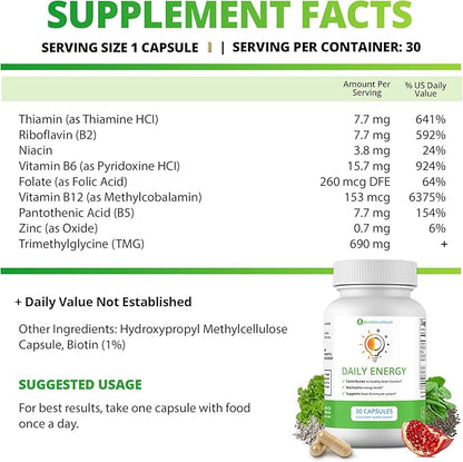 Vitamin B Complex Energy Supplements - Daily TMG Supplements with B Complex Multivitamin for Energy - Memory Booster and Mood Support Herbal Vitamins - B Complex Vitamins for Women (1 Month Supply)