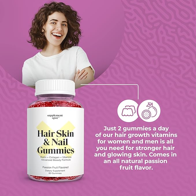 Hair Skin and Nails Vitamins, 6000 mcg Biotin Gummies w/Collagen & Vitamins, Passion Fruit Flavored Hair Vitamins, Gluten Free Collagen Supplements (60 Count)