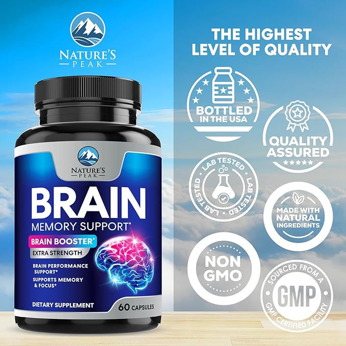 Brain Supplement Memory Pills - Nootropics Support for Concentration, Clarity, Energy & Focus - Brain Health with Bacopa, Cognitive Vitamins, Phosphatidylserine, DMAE - Brain Booster - 60 Capsules