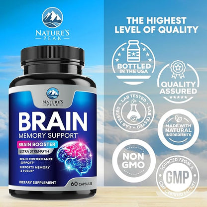 Brain Supplement Memory Pills - Nootropics Support for Concentration, Clarity, Energy & Focus - Brain Health with Bacopa, Cognitive Vitamins, Phosphatidylserine, DMAE - Brain Booster - 60 Capsules