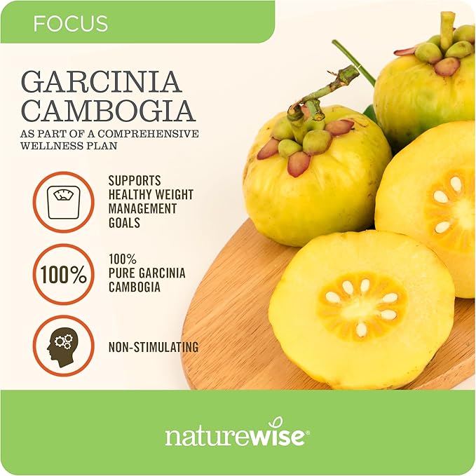 Naturewise Garcinia Cambogia with Natural Garcinia Cambogia Extract, 60% HCA Concentration, Natural Support for Weight Goals and Energy - Vegan, Non-GMO, Gluten Free - 90 Capsules[1-3 Month Supply]