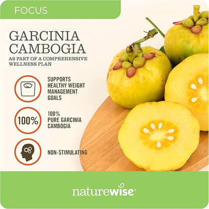 Naturewise Garcinia Cambogia with Natural Garcinia Cambogia Extract, 60% HCA Concentration, Natural Support for Weight Goals and Energy - Vegan, Non-GMO, Gluten Free - 90 Capsules[1-3 Month Supply]