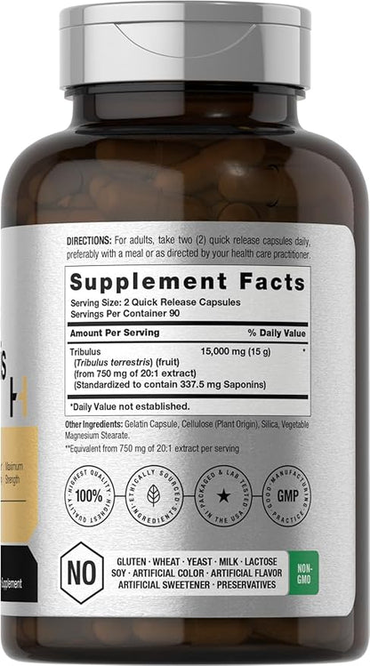 Horbäach Tribulus Terrestris for Men 15000mg | 180 Capsules | Maximum Strength | Non-GMO, Gluten Free Extract Supplement