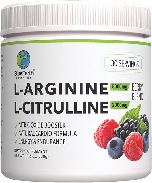 L-Arginine 5000mg + L-Citrulline 2000mg Complex Powder Supplement - Nitric Oxide Booster - Heart Health, Blood Flow, Energy & Endurance - 30 Servings (Berry Blend)
