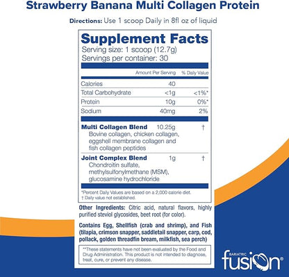 Bariatric Fusion Strawberry Banana Multi Collagen Protein Powder | Plus Joint Support Complex of MSM and Glucosamine | Dairy, Gluten & Soy Free | Non-GMO | 30 Servings