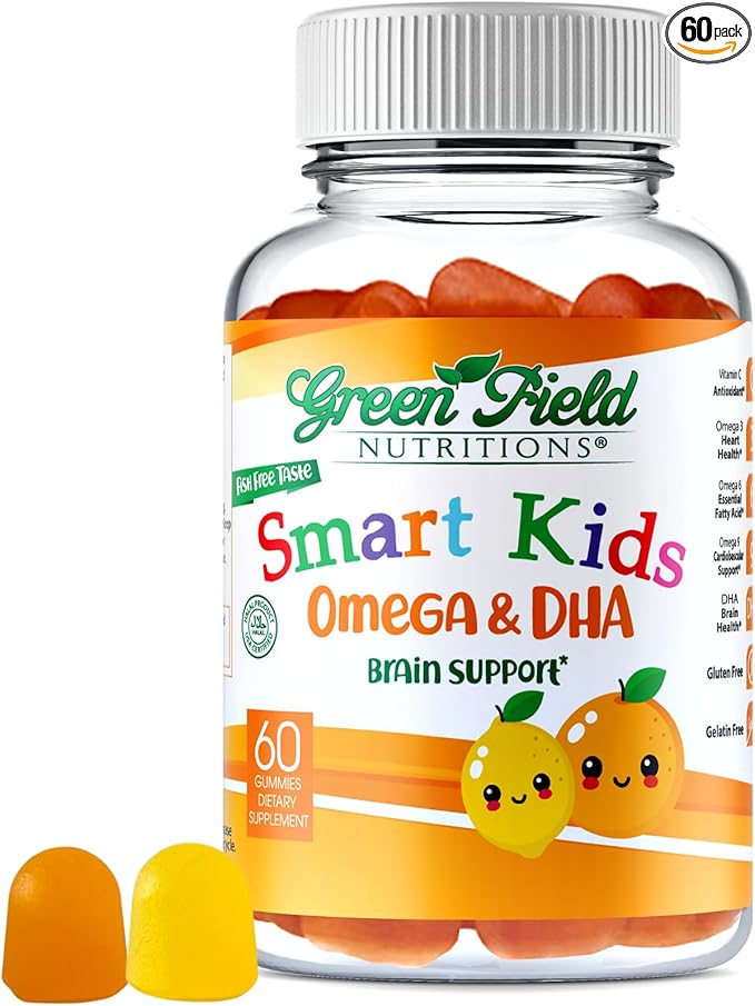 Greenfield Nutritions Smart Kids Halal Omega 3 Gummies with DHA - 60 Halal Vitamins for Kids, Supports Brain & Immune Health - Vegan, Non-GMO, Gluten, Gelatin-Free and Peanut-Free Halal Gummy Vitamins