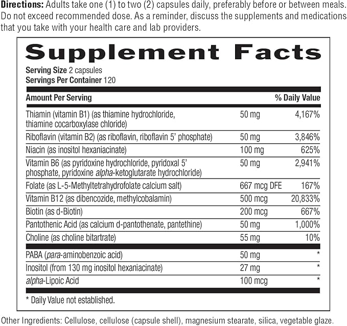 Country Life Coenzyme Vitamin B Complex Caps for Healthy Energy Support, Cognitive Function & Cholesterol Metabolism, Includes Methylfolate and 500mcg Vitamin B12, Gluten Free, Vegan and Kosher