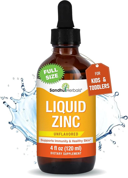 Liquid Zinc for Kids, Toddlers and Babies | 4 Oz Large Glass Bottle | Ionic Zinc Supplements Sulphate Drops | Immune Support | Easy to Take, Water Soluble | Unflavored