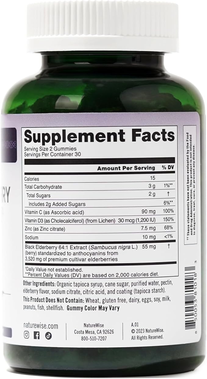 NatureWise Sambucus Elderberry Gummies - Immune Support Supplement for Kids Ages 4+ & Adults with Vitamin C, D3, Zinc - Elderberries Equivalent to 3520mg - Vegan, Non-GMO - 60 Count[30-Day Supply]