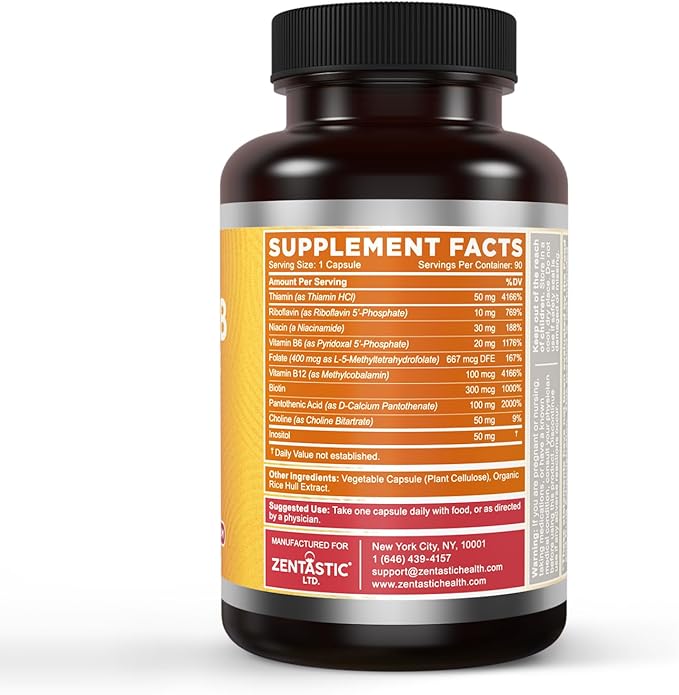 Zentastic Vitamin B-Complex - All B Vitamins with B12, B6, B9 Folic Acid, Choline, Inositol - Active and Methyl Forms - Nervous System, Energy, Metabolism, Immune Support - 90 Vegan Capsules