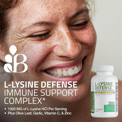 Bronson L-Lysine Defense Immune Support Complex 1500 MG L-Lysine Plus Olive Leaf, Garlic, Vitamin C and Zinc - Non-GMO, 90 Vegetarian Capsules