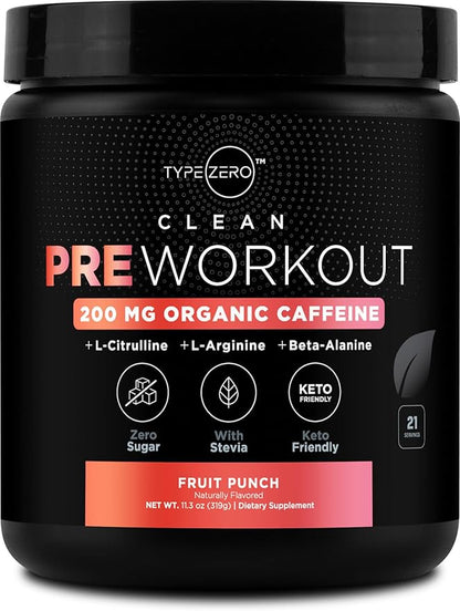 Type Zero Clean Pre Workout (11.3 oz, Fruit Punch) + Beet Root + L-Arginine + L-Citrulline, 2G Arginine, L-Citrulline Malate, Beta A, Sugar Free, Organic Caffeine Preworkout for Men & Women