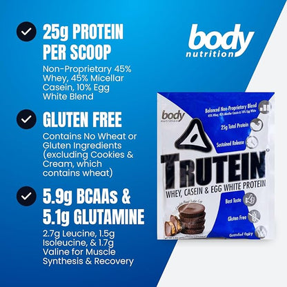 Body Nutrition Trutein High Protein Powder: 45% Whey, 45% Casein, 10% Egg White, Gluten-Free, Low Sodium, Grass Fed Whey Protein, Gym Supplement & Breakfast Shake, Chocolate Peanut Butter, 34g Sample