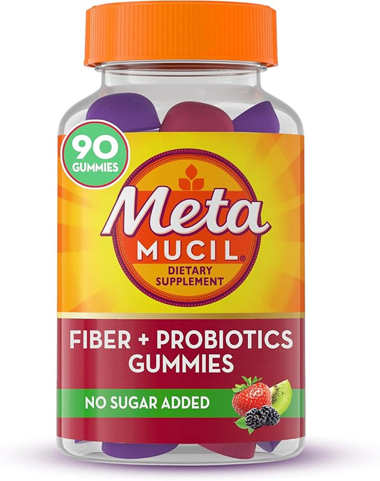 Metamucil Fiber Supplement Gummies with Probiotics for Bloating Relief, No Sugar Added Strawberry Kiwi BlackBerry Flavors, 5g Prebiotic Plant Based Fiber Blend, 90 Count