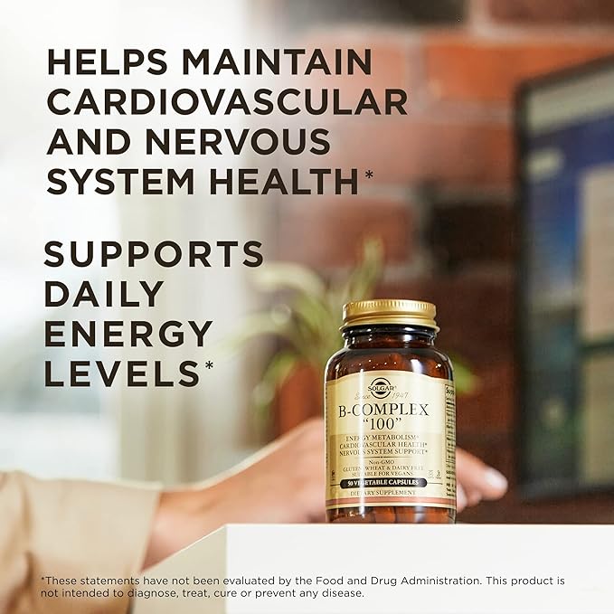 Solgar B-Complex "100" - 50 Vegetable Capsules - Energy Metabolism, Cardiovascular Health, Nervous System Support - Non-GMO, Vegan, Gluten Free - 50 Servings