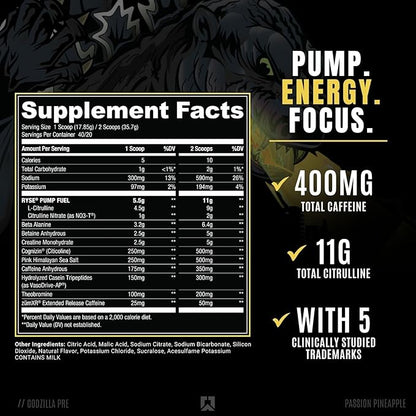 Ryse Noel Deyzel x Godzilla Pre Workout | Intense Pumps, Energy, & Focus | Citrulline & Beta Alanine | 400mg Total Caffeine | 40 Servings (Passion Pineapple)