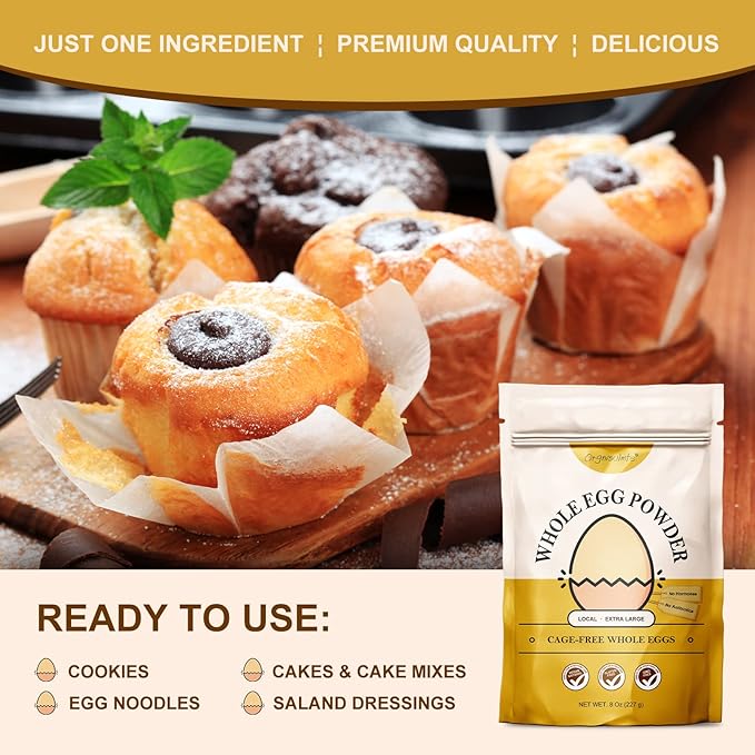 Orgnisulmte Whole Egg Powder, Fresh Pasteurized Egg Powder, All Natural, No Additives, Gluten Free Excellent for Baking Made in USA 8 Oz