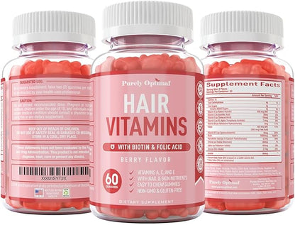Purely Optimal Premium Hair Vitamins Supplement-Gummy Vitamins w/Biotin, Folic Acid, Vitamins A&D-Supports Faster Hair Growth & Promotes Healthy Hair, Skin, & Nails-60 Non-GMO Berry Flavored Gummies