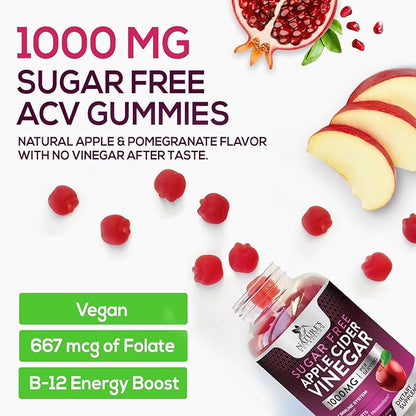 Nature's Nutrition Apple Vinegar Gummy for Weight Loss 1000mg - Vegan Apple Cider Vinegar Gummies for Detox & Cleanse, ACV Supplement Pills, Vitamin B12, Sugar Free ACV Gummy, Non-GMO - 60 Gummies