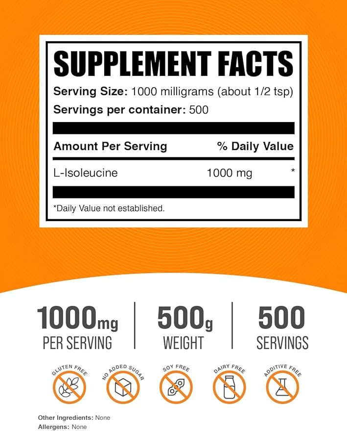 BulkSupplements.com L-Isoleucine Powder - Isoleucine Supplement, BCAA Supplement - Amino Acid Supplement, Unflavored & Gluten Free, 1000mg per Serving, 500g (1.1 lbs) (Pack of 1)