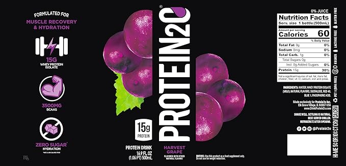 Protein2o 15g Whey Protein Isolate Infused Water, Ready To Drink, Sugar Free, Gluten Free, Lactose Free, Harvest Grape, 16.9 oz Bottle (Pack of 12)