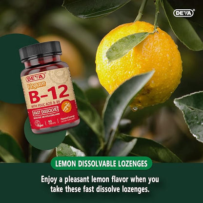 DEVA Vegan Vitamin B12 Fast Dissolve Supplement - Once-Per-Day Complex with 1000 Mcg Methylcobalamin B12, Folic Acid, B6 - Lemon Flavor - 90 Dissolvable Tablets, 2-Pack