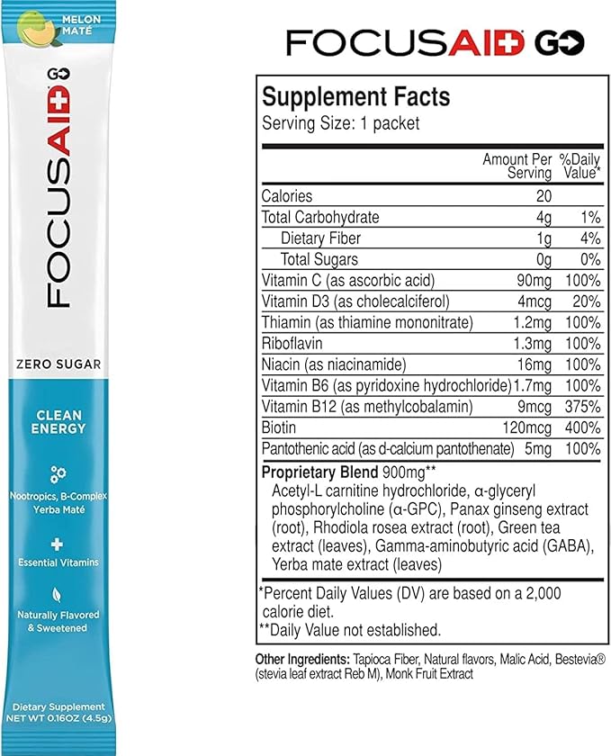 FOCUSAID GO Nootropics Energy Blend, Zero Sugar, Alpha-GPC, GABA, B-Complex, Yerba Mate, Green Tea, Keto Friendly, 100mg Caffeine, 30 Count (Pack of 1)