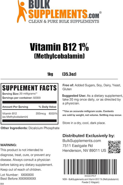 BulkSupplements.com Vitamin B12 1% Methylcobalamin Powder (5 Kilograms - 11 lbs)