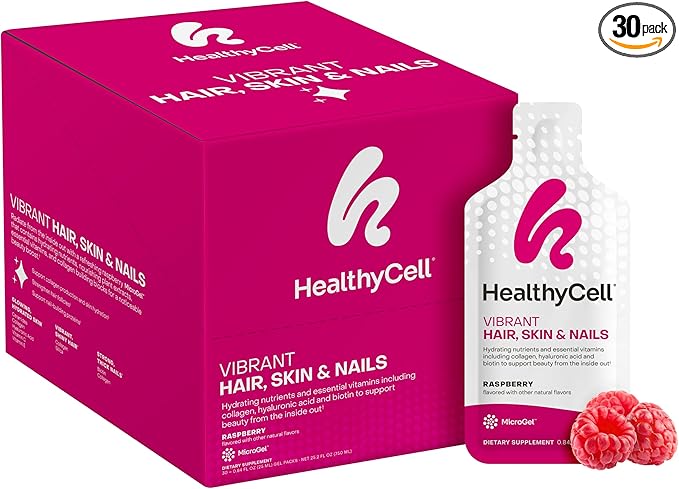 Healthycell Vibrant Hair, Skin & Nails - Hair Vitamins with Liquid Collagen for Women - Hyaluronic Acid Supplement with Collagen Peptides, Vitamin E, Biotin - Maximum Absorption - 30 Gel Packs
