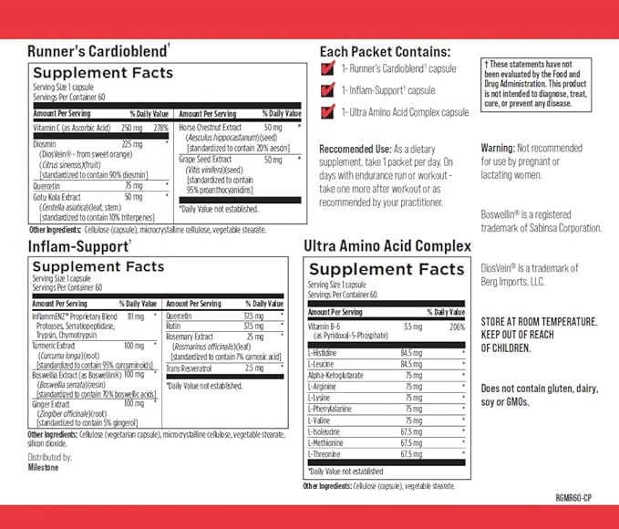 Running Recovery Pack - Marathon Training Nutrition to Recover Faster, More Energy and Run Faster, Great Running Aid as Pre Workout, Endurance Running Supplement - 60 Packets | 180 Capsules