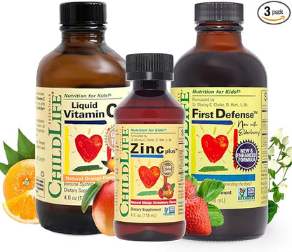 CHILDLIFE ESSENTIALS Immune Support 3-Pack - Liquid Vitamin C, First Defense, and Zinc - Immune Boosting Supplements for Infants, Toddlers, and Kids