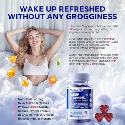 Melatonin Free 5-HTP GABA Sleep Supplement Gummies for Adults & Kids 12+ with L-Theanine, Magnesium Glycinate, L-Tryptophan, Apigenin - Sugar Free, Strawberry Flavor, Vegan, 120 Count