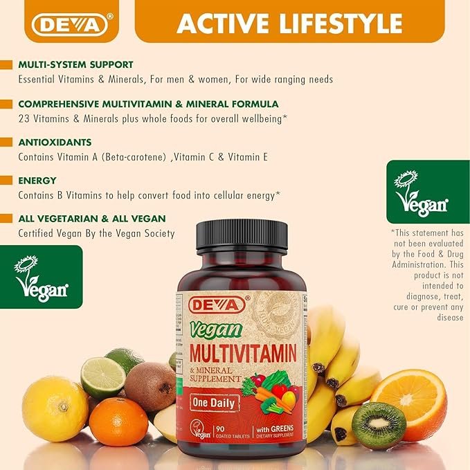 DEVA Vegan Multivitamin and Mineral Supplement - Once-Per-Day Formula with Greens - Vitamins A, C, D, E, B Complex, High-Potency Formulation for Daily Health and Wellness- 90 Coated Tablets, 1-Pack