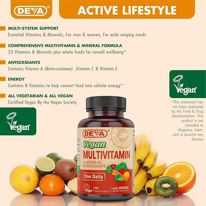 DEVA Vegan Multivitamin & Mineral Supplement - Vegan Formula with Green Whole Foods, Veggies, and Herbs - High Potency - Manufactured in USA and 100% Vegan - 90 Count (Pack of 2)