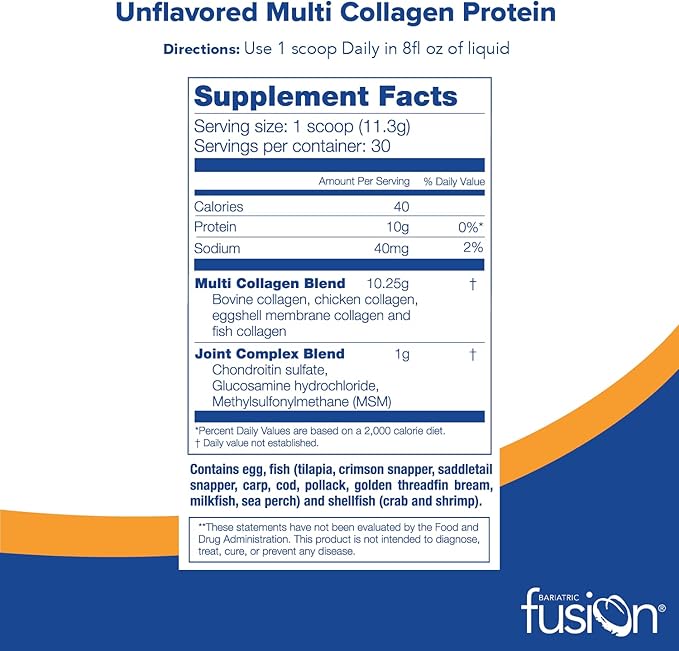 Bariatric Fusion Unflavored Multi Collagen Protein Powder | Hydrolyzed Collagen Peptides Powder Plus Joint Support Complex of MSM and Glucosamine | Type 2 | Dairy, Gluten & Soy Free | 30 Servings